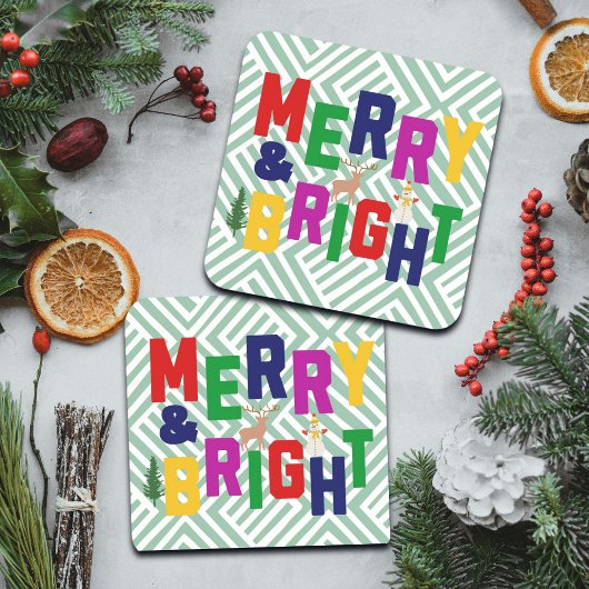 Merry and Bright Pine Tree Rentier Snowman Getränkeuntersetzer