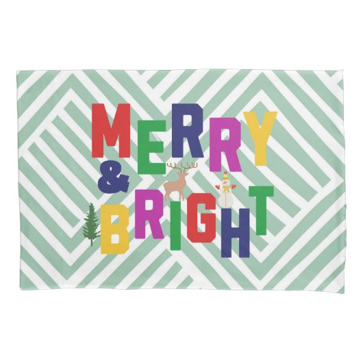 Merry and Bright Pine Tree Rentier Snowman Kissenbezug (Vorderseite)