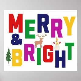 Merry and Bright Pine Tree Rentier Snowman Poster