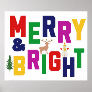 Merry and Bright Pine Tree Rentier Snowman Poster