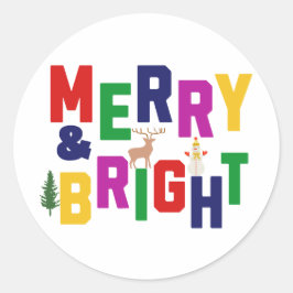 Merry and Bright Pine Tree Rentier Snowman Runder Aufkleber