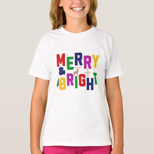 Merry and Bright Pine Tree Rentier Snowman T-Shirt (Vorderseite)