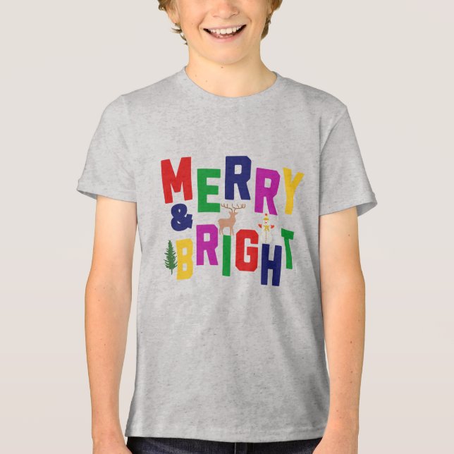 Merry and Bright Pine Tree Rentier Snowman Tri-Blend Shirt (Vorderseite)