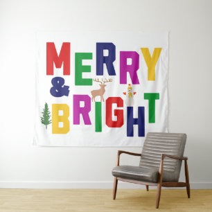Merry and Bright Pine Tree Rentier Snowman Wandteppich