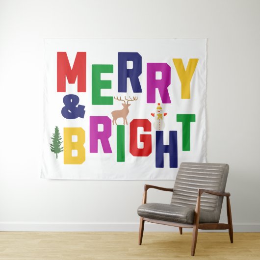 Merry and Bright Pine Tree Rentier Snowman Wandteppich (Beispiel (Horizontal))