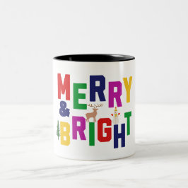Merry and Bright Pine Tree Rentier Snowman Zweifarbige Tasse