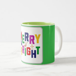 Merry and Bright Pine Tree Rentier Snowman Zweifarbige Tasse