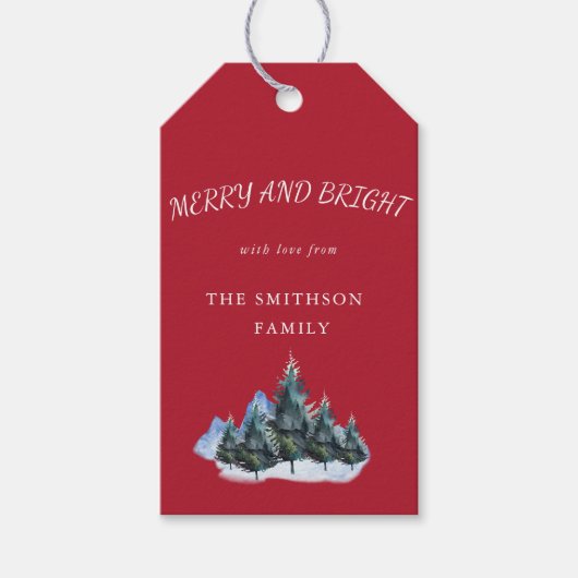 Merry and Bright, Pine Trees Red Holiday Geschenkanhänger (Vorderseite)