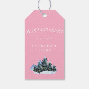 Merry and Bright, Pine Trees Rosa Urlaub Geschenkanhänger