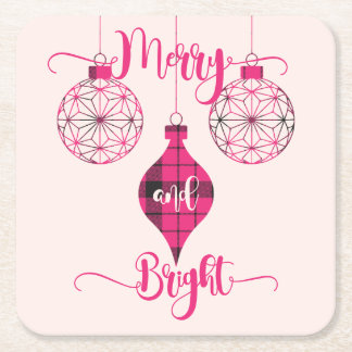 Merry and Bright Pink Plaid Ornament Rechteckiger Pappuntersetzer