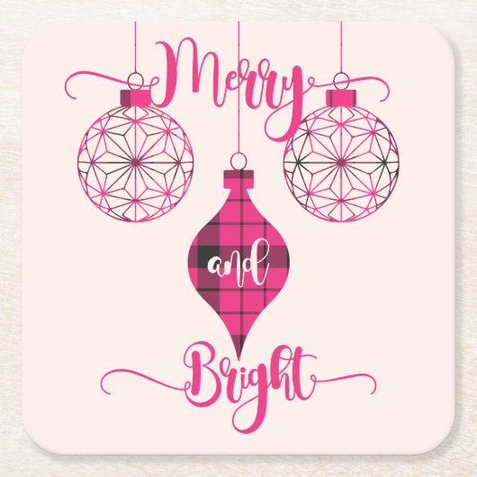 Merry and Bright Pink Plaid Ornament Rechteckiger Pappuntersetzer (Vorderseite)