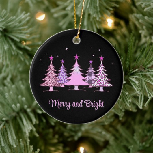 Merry and Bright Pink Xmas Tree Black Ornament (Baum)