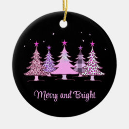 Merry and Bright Pink Xmas Tree Black Ornament