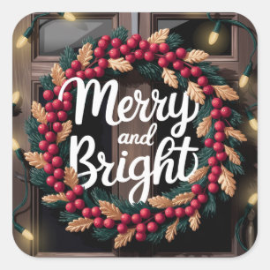 Merry and Bright Red Berry Wreath Weihnachten Quadratischer Aufkleber