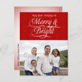 Merry and Bright, Red Damask Feiertagspostkarte (Vorne/Hinten)