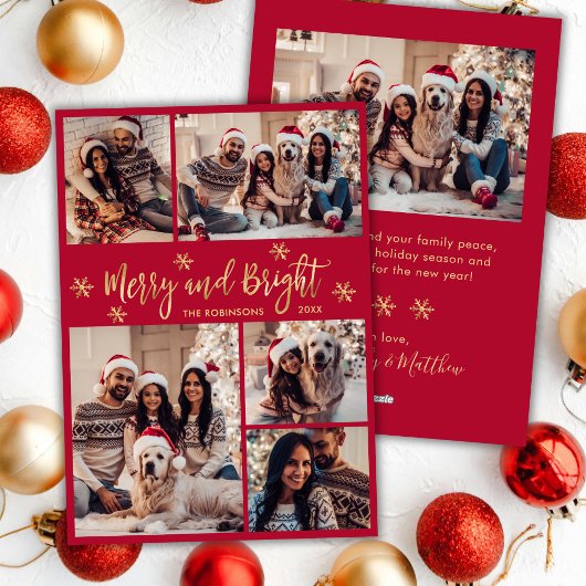 Merry and Bright Red Gold Foto Collage Weihnachten