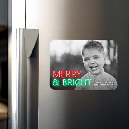 Merry and Bright Red & Green Neon Holiday Foto Magnet