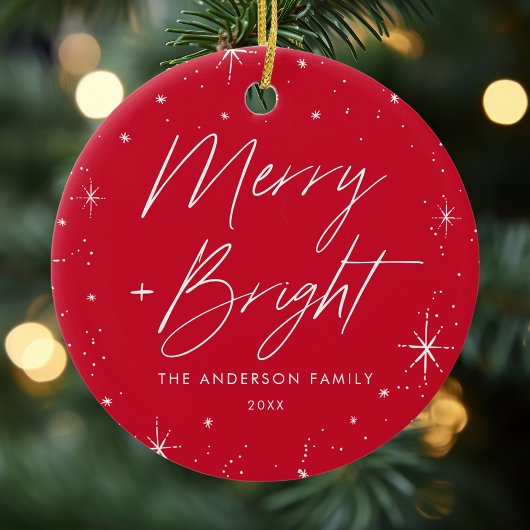 Merry and Bright Red Holiday Foto Keramik Ornament