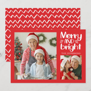 Merry and Bright Red in White Foto Weihnachtskarte Einladung