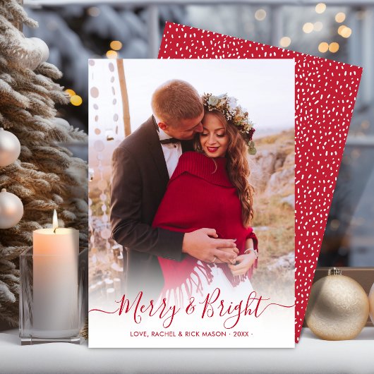 Merry and Bright Red Script Ein Foto Weihnachten