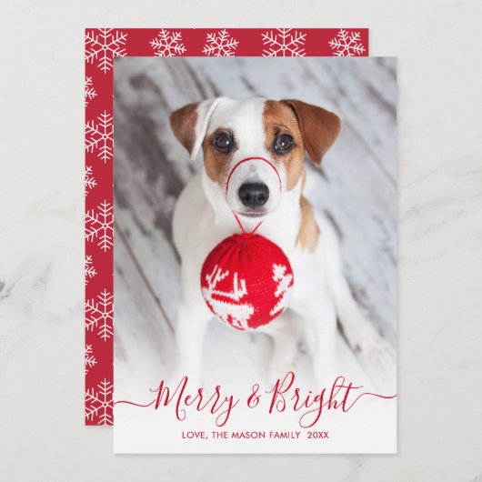 Merry and Bright Red Script Ein Foto Weihnachten (Vorne/Hinten)