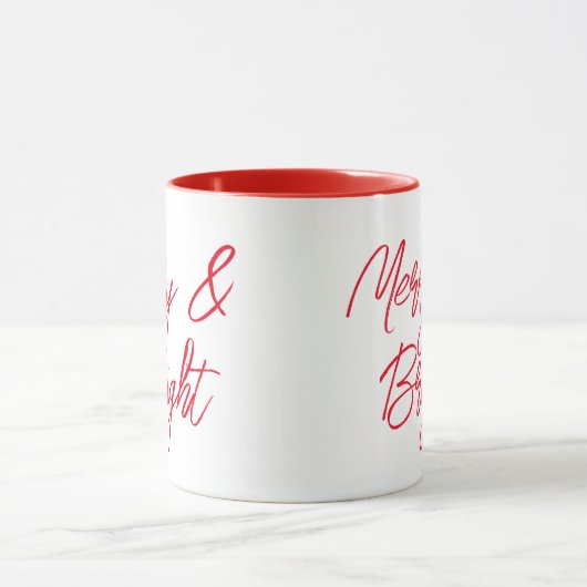 Merry and Bright Red Script Weihnachten Tasse (Zentrum)