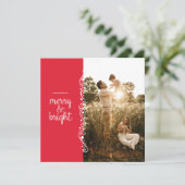 Merry and Bright Red Swirl Square Foto Card Dankeskarte (Stehend Vorderseite)