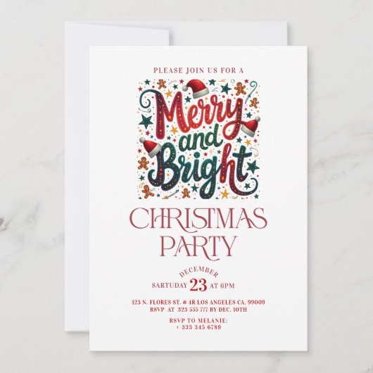 Merry and Bright Retro Typography Party Invite Einladung (Vorderseite)