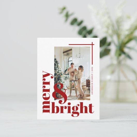 Merry and Bright Simple Foto Maroon Christmas Postkarte (Stehend Vorderseite)