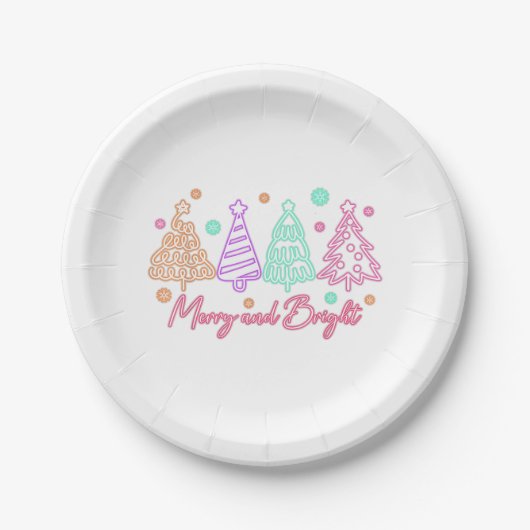 Merry and Bright Tree Neon Christmas Pappteller (Vorderseite)