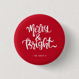 Merry and Bright Typografy Script Red & White Button