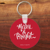 Merry and Bright Typografy Script Red & White Schlüsselanhänger (Vorderseite)