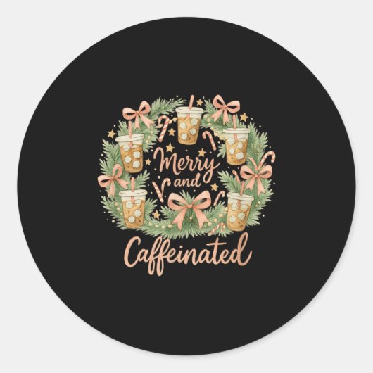 Merry And Caffeinated Christmas Iced Coffee Wreath Runder Aufkleber (Vorderseite)