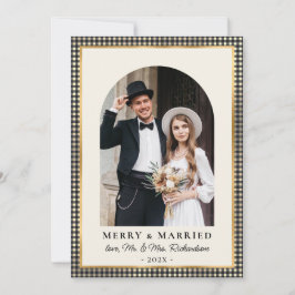 Merry and Married Arch Photo Black Gold Plaid Feiertagskarte