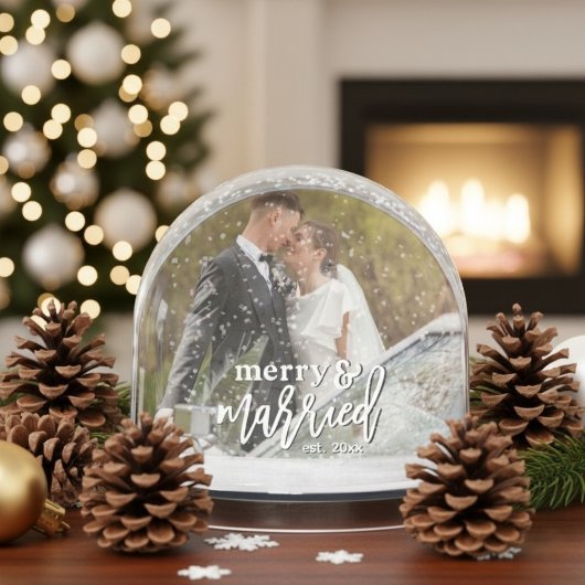 Merry and Married Custom Wedding Photo Christmas Schneekugeln