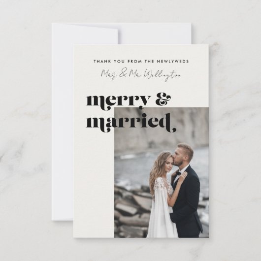 Merry and Married Elegant Modern Photo Wedding Dankeskarte (Vorderseite)