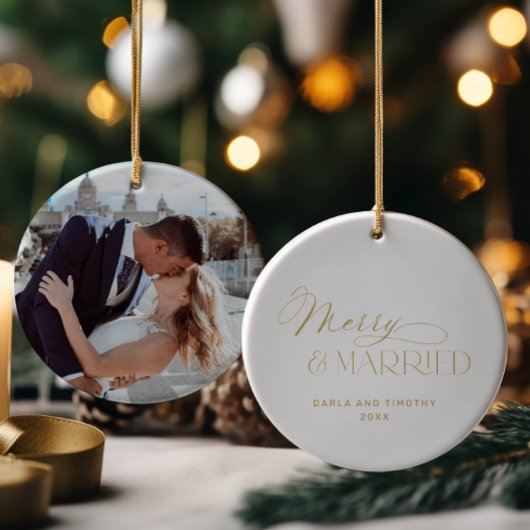 Merry and Married Gold Christmas Keramik Ornament