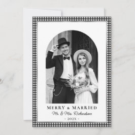 Merry and Married Newlywed Photo Black White Plaid Feiertagskarte
