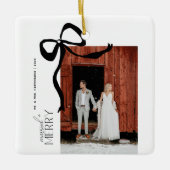 Merry and Married Script 2 Photos Christmas Bow Keramikornament (Vorderseite)