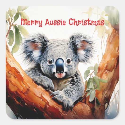 Merry Aussie Christmas Koala Quadratischer Aufkleber (Vorderseite)