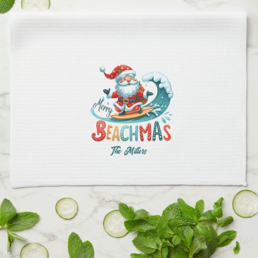 Merry Beachmas Santa Surfing Retro Design Geschirrtuch (Gefaltet)