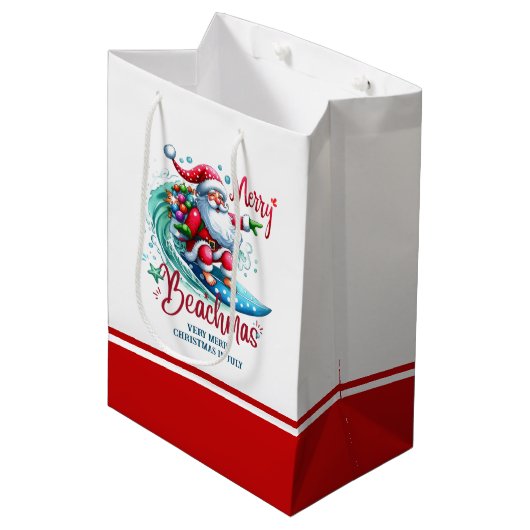 Merry Beachmas Santa Surfing Retro Design Mittlere Geschenktüte (Vorderseite Schrägansicht)