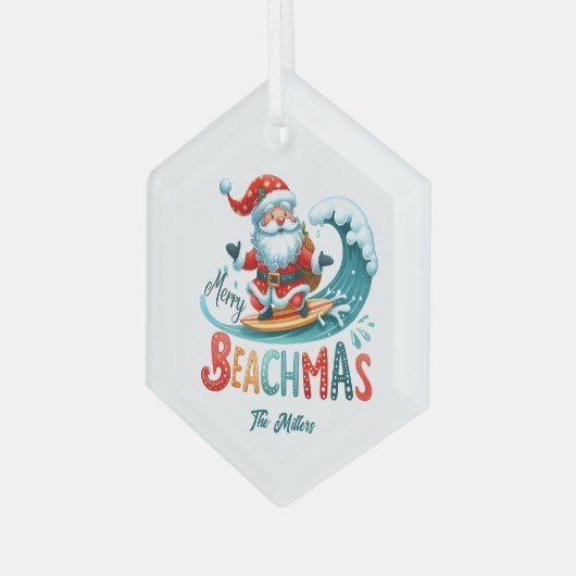 Merry Beachmas Santa Surfing Retro Design Ornament Aus Glas (Vorderseite Links)