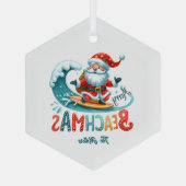 Merry Beachmas Santa Surfing Retro Design Ornament Aus Glas (Rückseite)