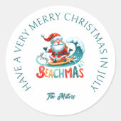 Merry Beachmas Santa Surfing Retro Design Runder Aufkleber (Vorderseite)