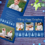 Merry Blue Intertrust Elegante Script 4 Foto Dreifach Gefaltete Urlaubskarte<br><div class="desc">Entwerfen Sie Ihre eigenen 5-Foto-Dreifach-Urlaubskarten mit diesem eleganten, modernen, hellblauen und dunkelblauen Merry Happy Alles interreligiöse Design. Das horizontale Design zeigt drei Ihrer Lieblingsfotos auf der Vorderseite, mit abgerundeten Ecken und umgeben von einem dünnen, mittelblauen Rahmen auf einem reichen königsblauen Hintergrund. Die Passende hellblaue Schrift in einem eleganten Script-Schriftart an...</div>