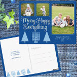 Merry Blue Intertrust Family Kinder 3 Foto Urlaub Postkarte<br><div class="desc">Eine 3 Foto Collage Urlaub Postkarte Vorlage für Sie zu personalisieren für elegante pastellblau und dunkelblau interglorreichen Merry Happy Alles Urlaub Grüße macht es eine Brise, Ihre eigenen Chrismukkah Postkarten zu kreieren. An der Vorderseite dieser eleganten, hellblauen und dunkelblauen Foto-Postkarten stehen moderne Weihnachtsbäume und eine blassblaue Menorah sowie zwei kleine...</div>