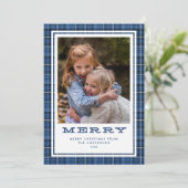 Merry Blue Kariert Single Foto Feiertagskarte (Stehend Vorderseite)