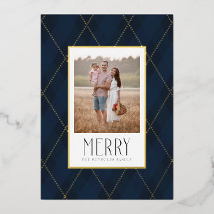 Merry Blue Raute Pattern Holiday Foto Card Folien Feiertagskarte