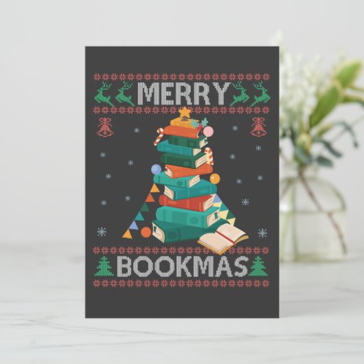 Merry Bookmas Funny Ugly Xmas Sweater Library Gesc Einladung (Stehend Vorderseite)